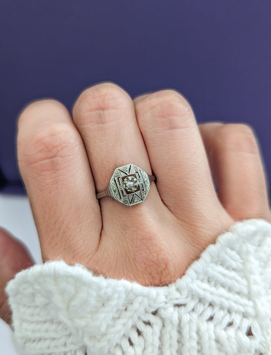 18K Art Deco French Ring 18K gold & Platinum diamond ring Antique 18K Diamond Ring Gold Diamond Engagement Ring Gift for Her