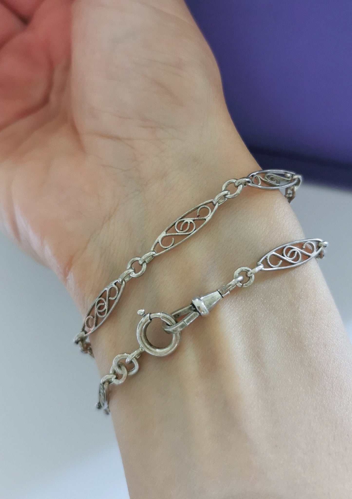 1900s Antique Bracelet French silver filigree chain Art nouveau watch chain