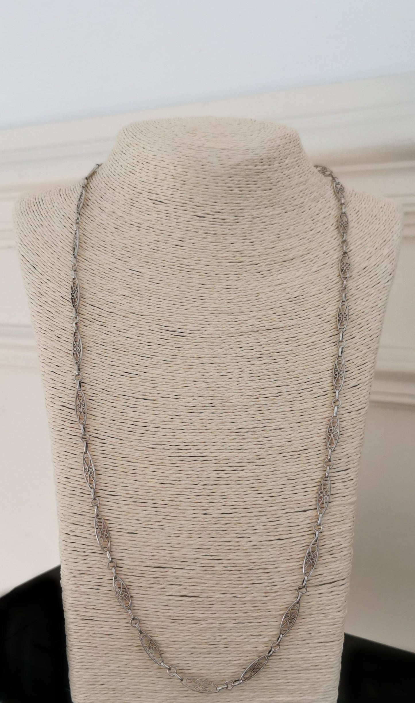 Edwardian Antique Silver Filigree Necklace with Bolt Ring French Guard Chain gift for Her Antique Necklace Vintage silver necklace