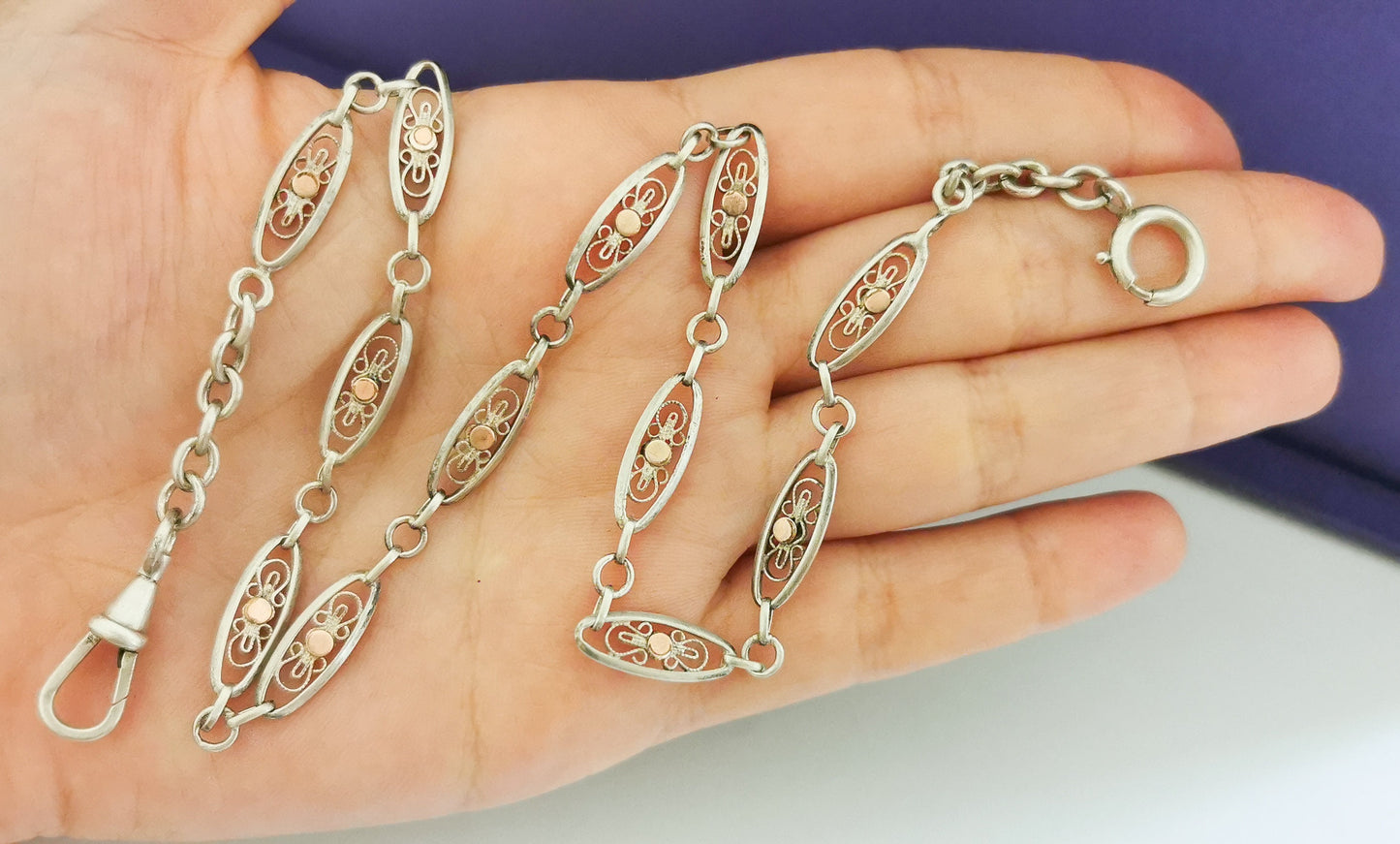 1900 Antique French Silver filigree bracelet Silver Albert watch chain Filigree Necklace or Bracelet gift for her Antique Choker