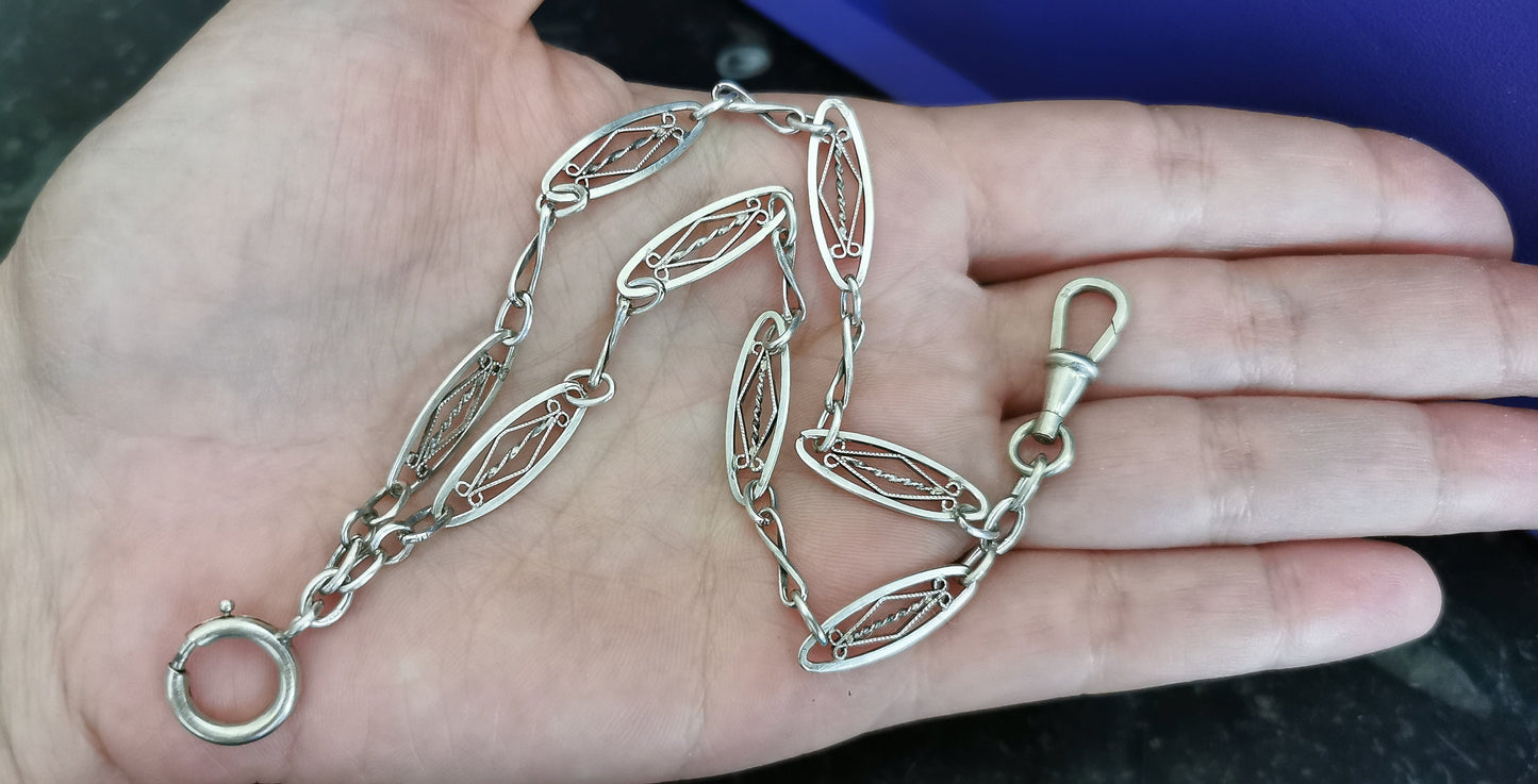 1920s Art Deco French Watch Chain silver double Bracelet with dog clip clasp gift for Her Antique silver bracelet