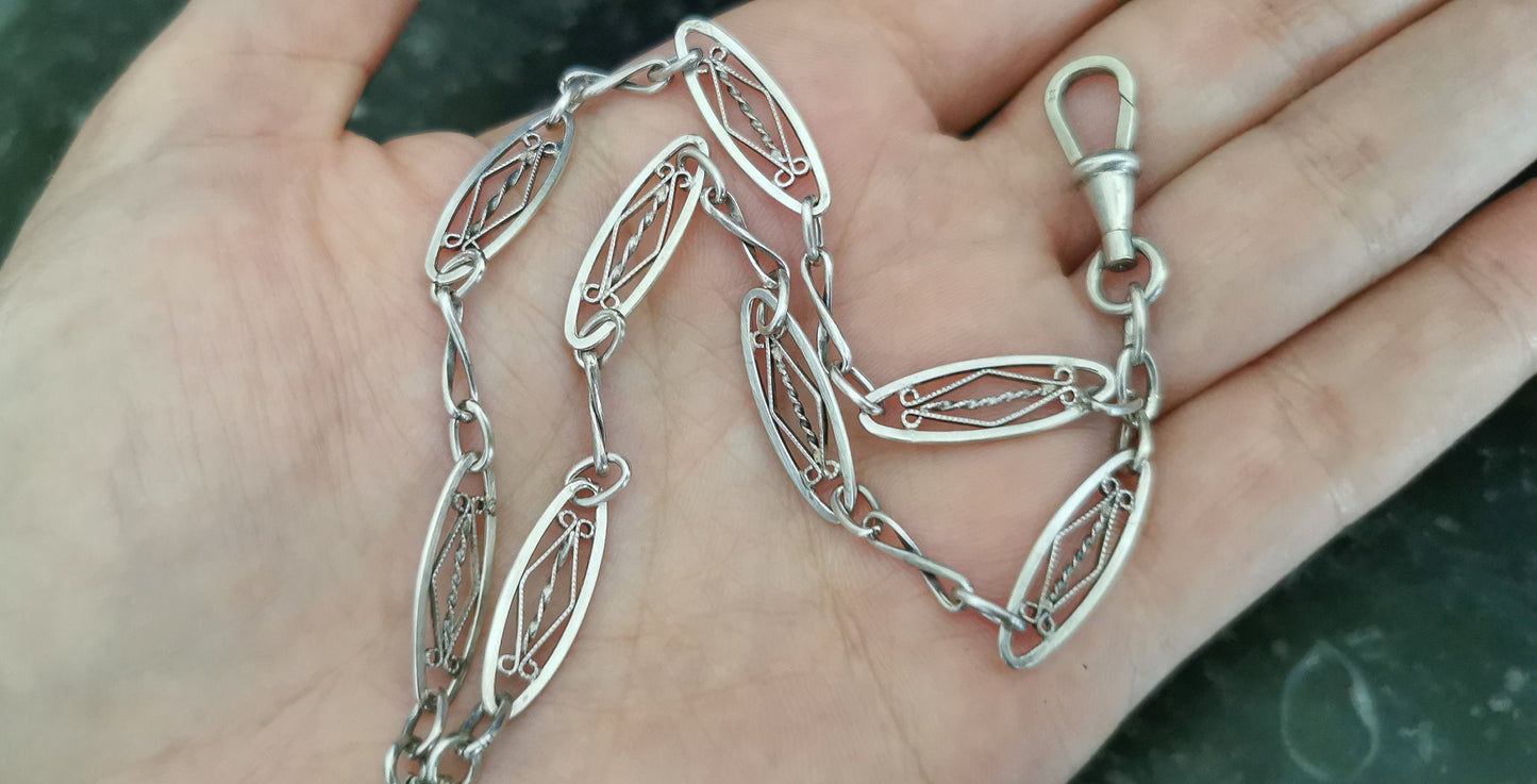 1920s Art Deco French Watch Chain silver double Bracelet with dog clip clasp gift for Her Antique silver bracelet