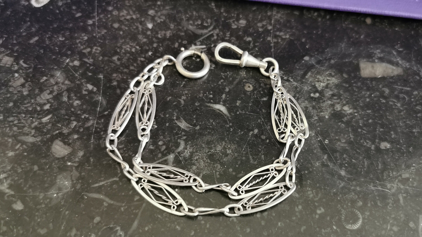 1920s Art Deco French Watch Chain silver double Bracelet with dog clip clasp gift for Her Antique silver bracelet