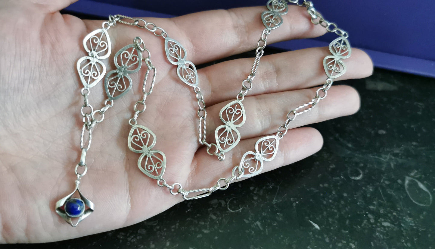 1900s Antique Lapis Lazuli Necklace Edwardian Chain Antique Silver Necklace Antique french chain gift for Her