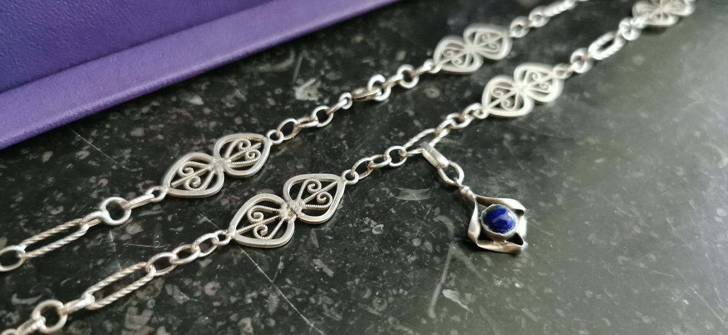 1900s Antique Lapis Lazuli Necklace Edwardian Chain Antique Silver Necklace Antique french chain gift for Her