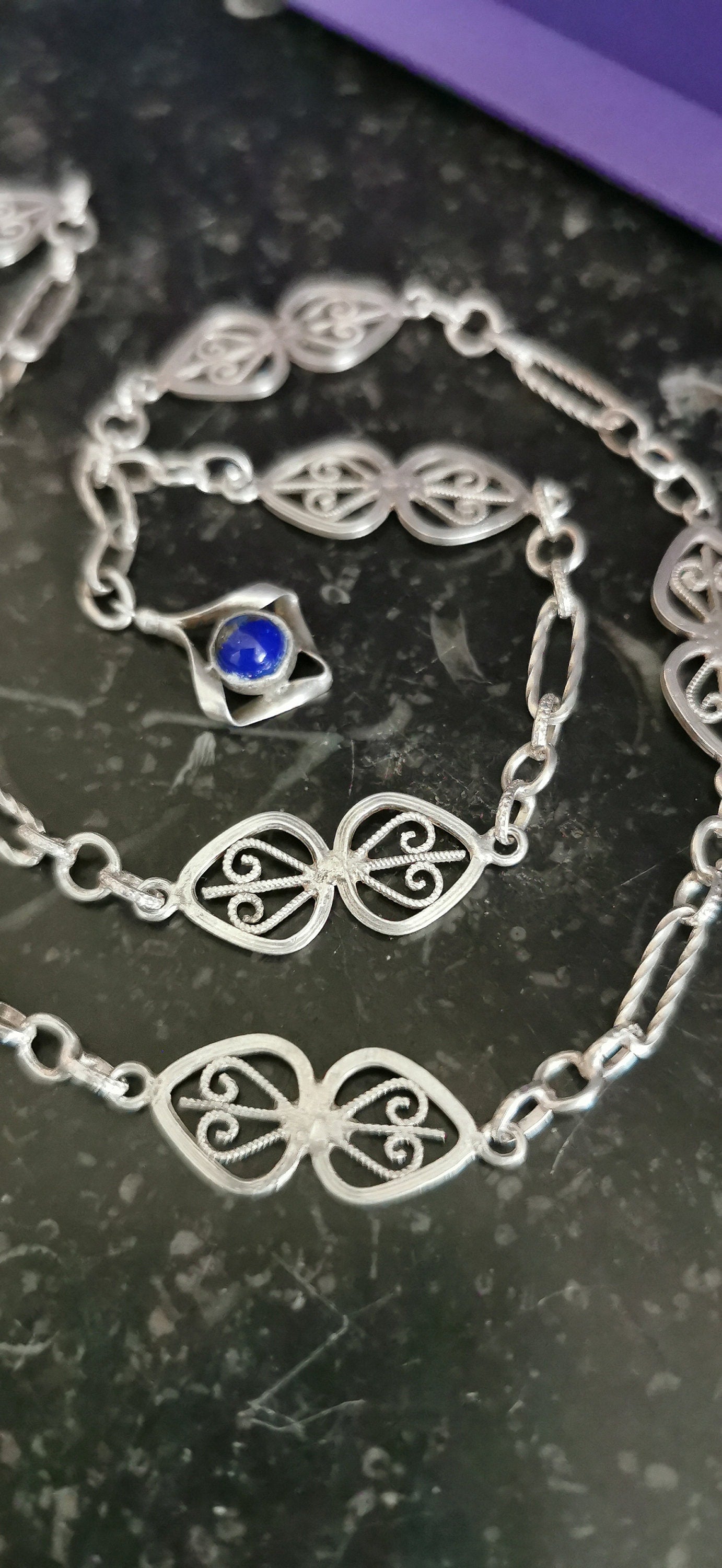 1900s Antique Lapis Lazuli Necklace Edwardian Chain Antique Silver Necklace Antique french chain gift for Her