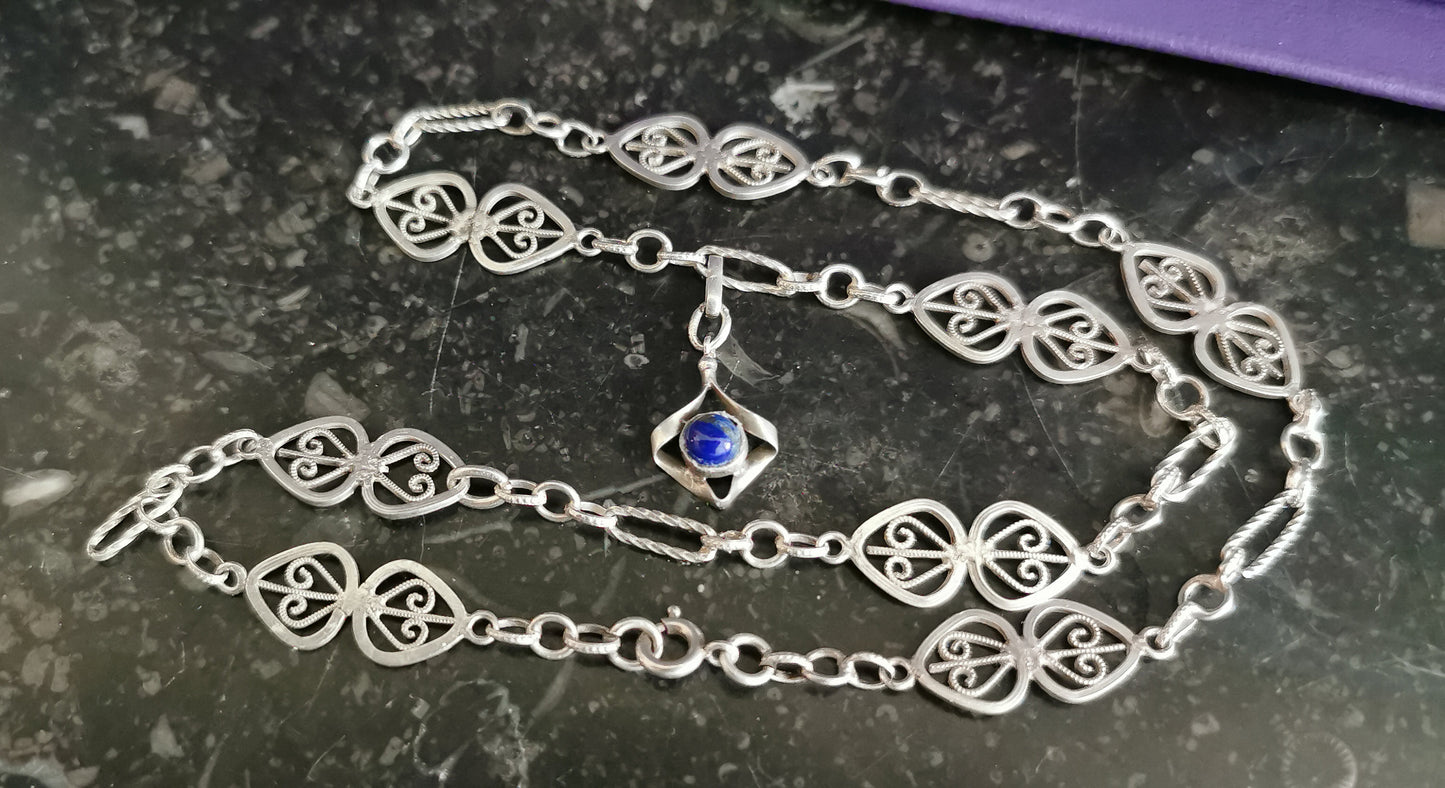 1900s Antique Lapis Lazuli Necklace Edwardian Chain Antique Silver Necklace Antique french chain gift for Her