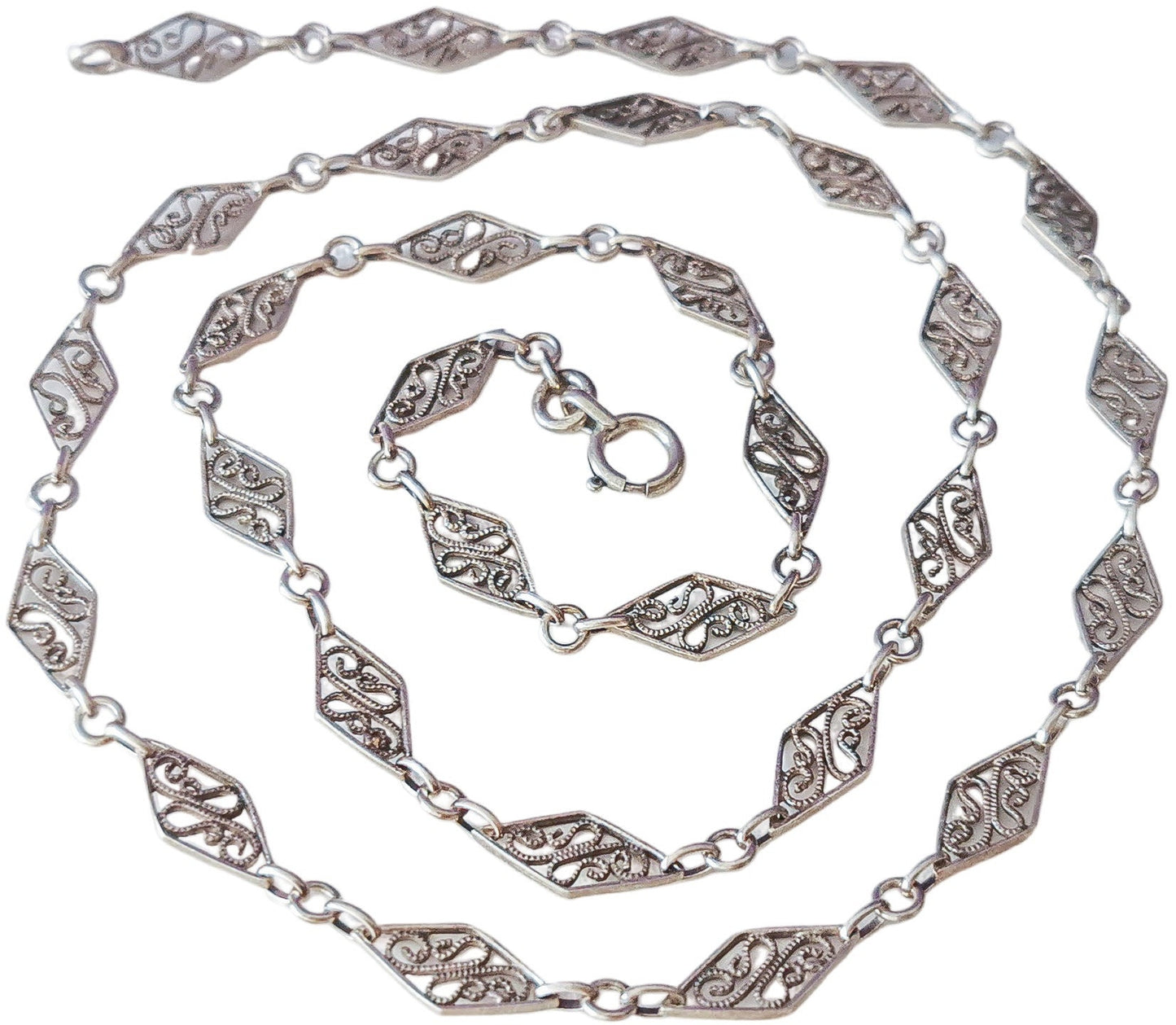 Edwardian Antique Silver Filigree Necklace with Bolt Ring French  Guard Chain Vintage silver necklace gift for Her