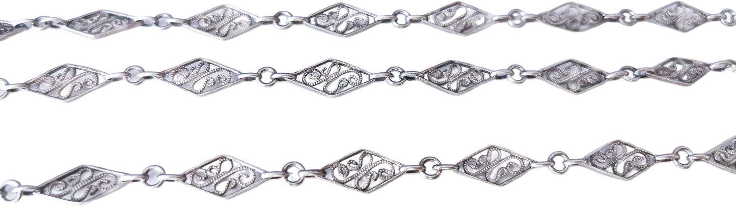 Edwardian Antique Silver Filigree Necklace with Bolt Ring French  Guard Chain Vintage silver necklace gift for Her