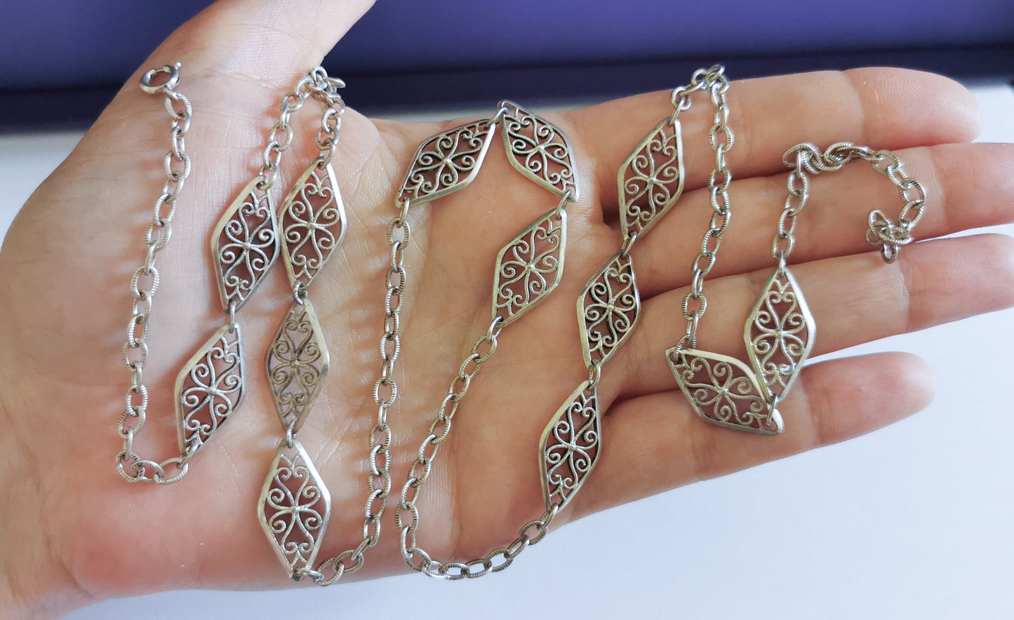 Victorian Antique Silver Big Filigree Necklace  French Half Guard Chain Antique French Necklace Vintage silver Necklace