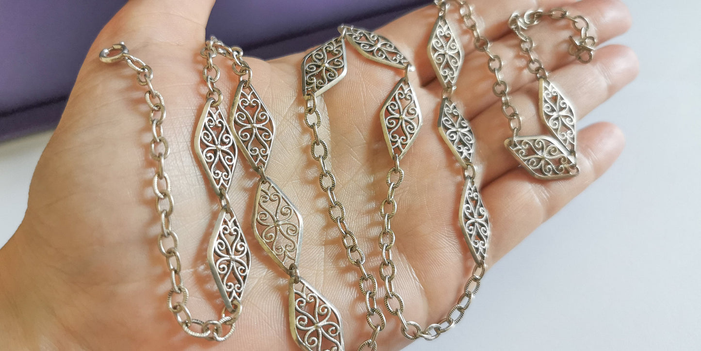 Victorian Antique Silver Big Filigree Necklace  French Half Guard Chain Antique French Necklace Vintage silver Necklace