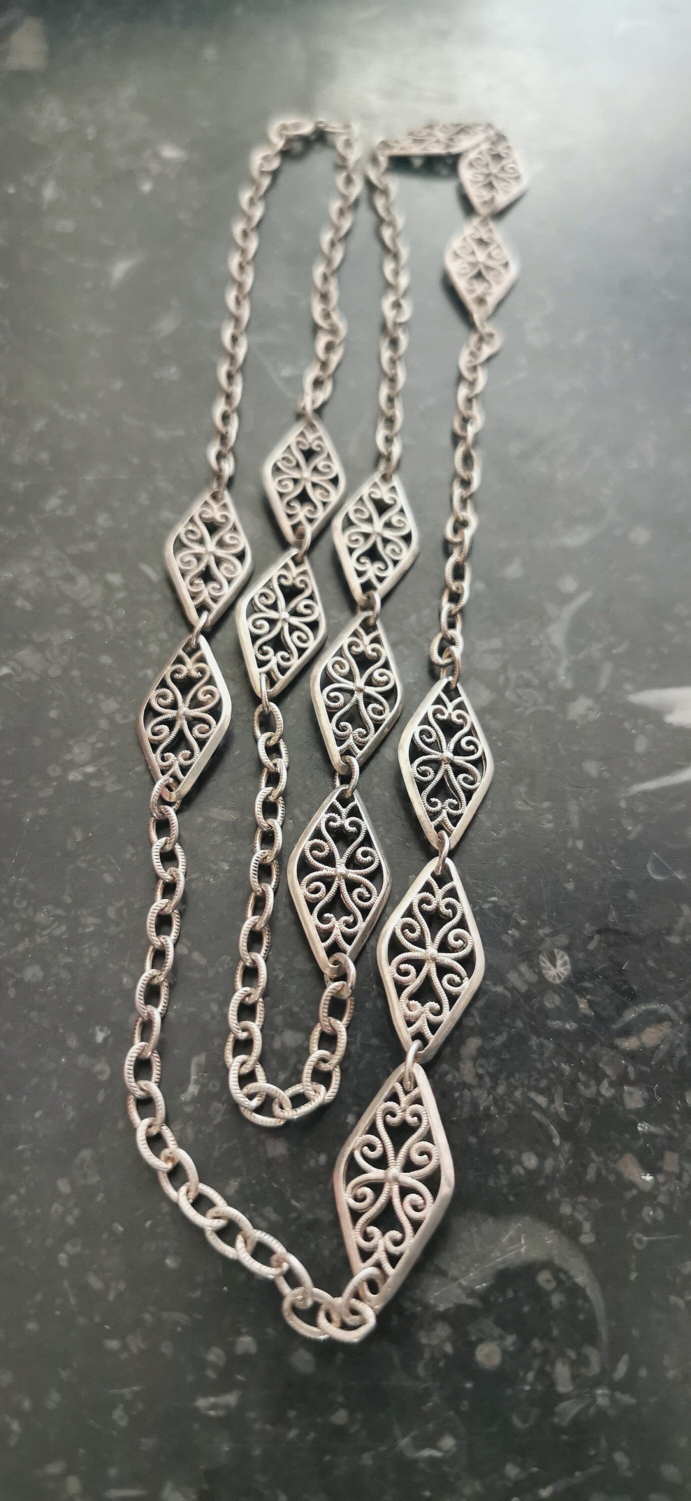 Victorian Antique Silver Big Filigree Necklace  French Half Guard Chain Antique French Necklace Vintage silver Necklace