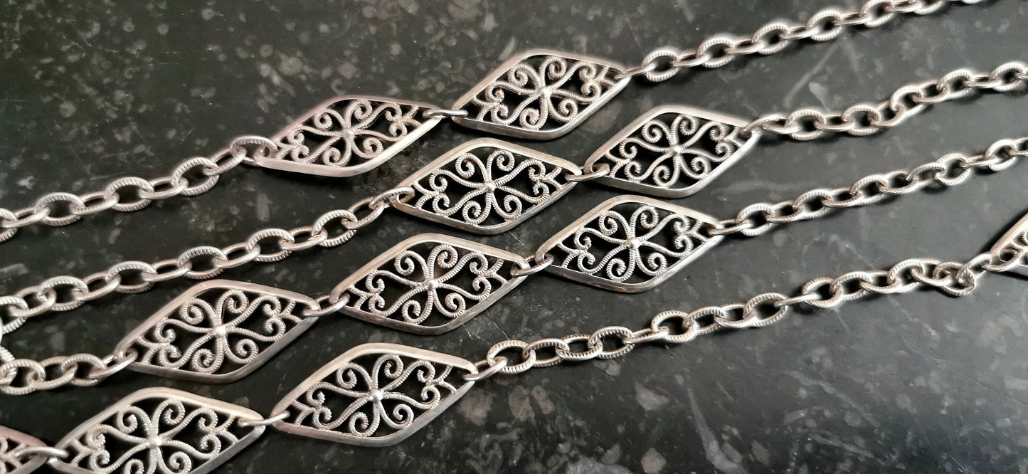 Victorian Antique Silver Big Filigree Necklace  French Half Guard Chain Antique French Necklace Vintage silver Necklace