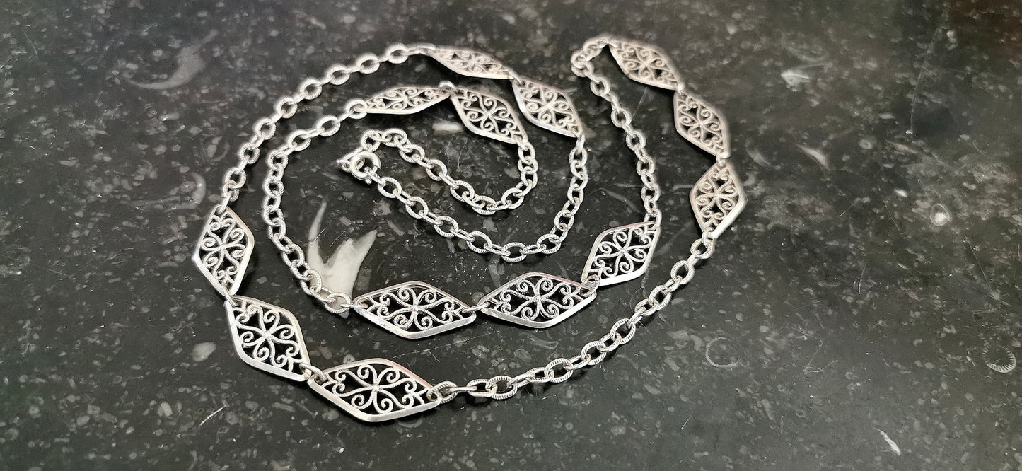 Victorian Antique Silver Big Filigree Necklace  French Half Guard Chain Antique French Necklace Vintage silver Necklace