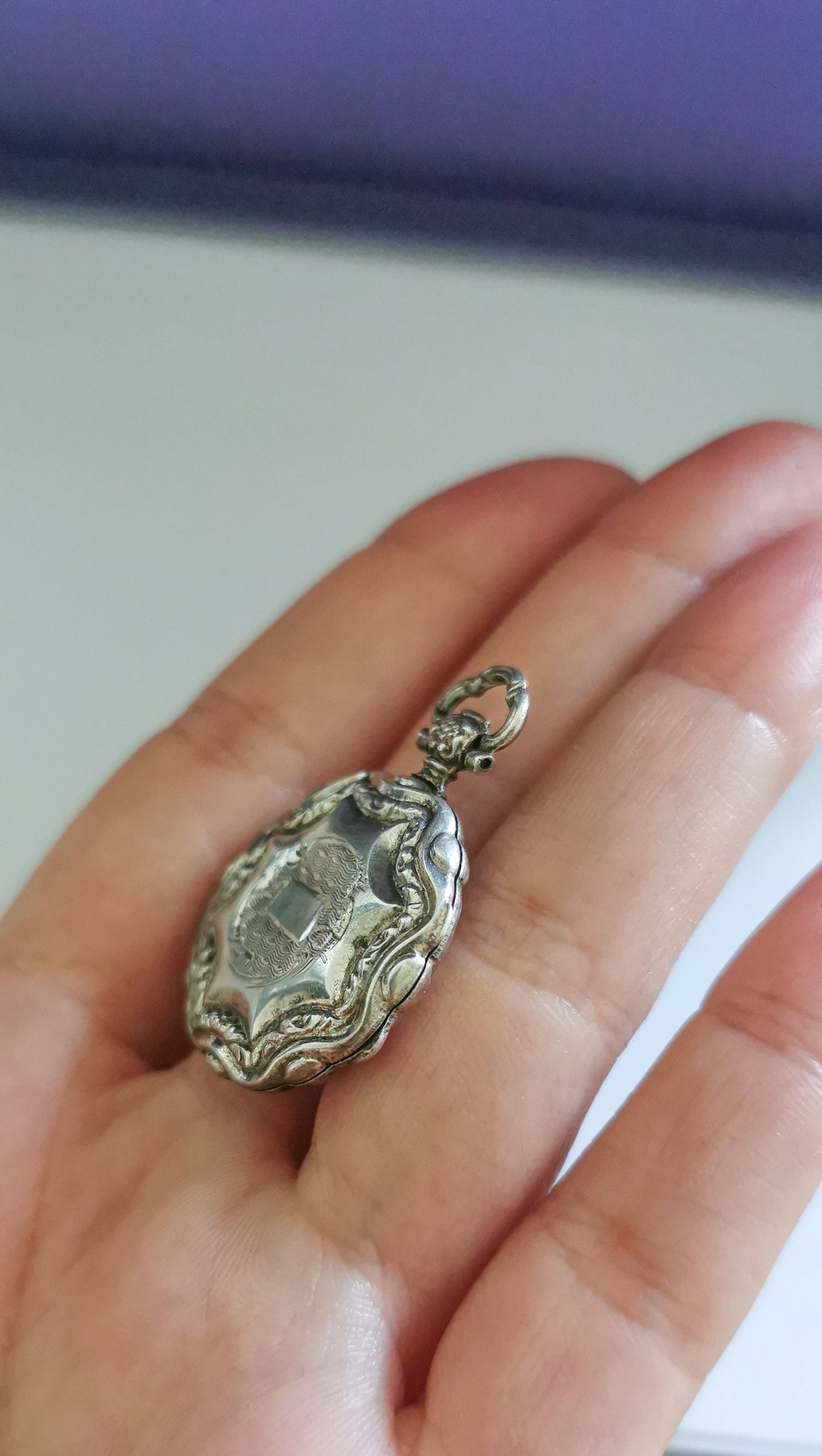 Art Nouveau Guilloche Locket Glass partition Antique French locket c. 1900 Silver Floral Locket Antique locket Vintage pendant gift for her