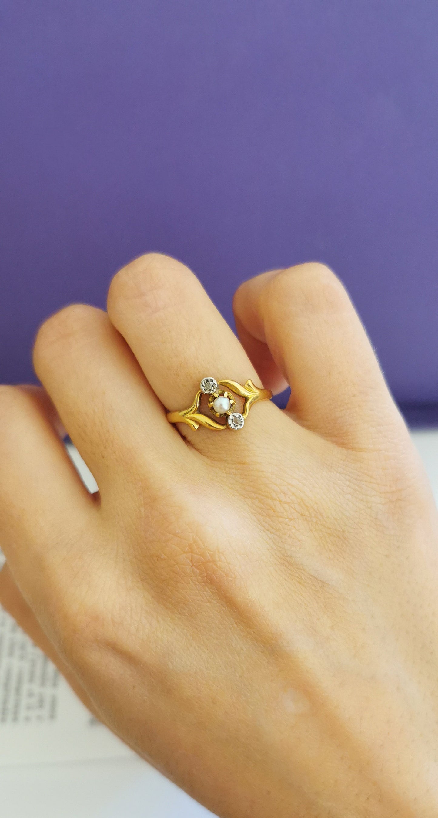 18K Antique Diamond and Pearl Ring Art Nouveau Ring  1900 18K Gold ring Antique Pearl Ring Antique ring gift for her Ring for wife