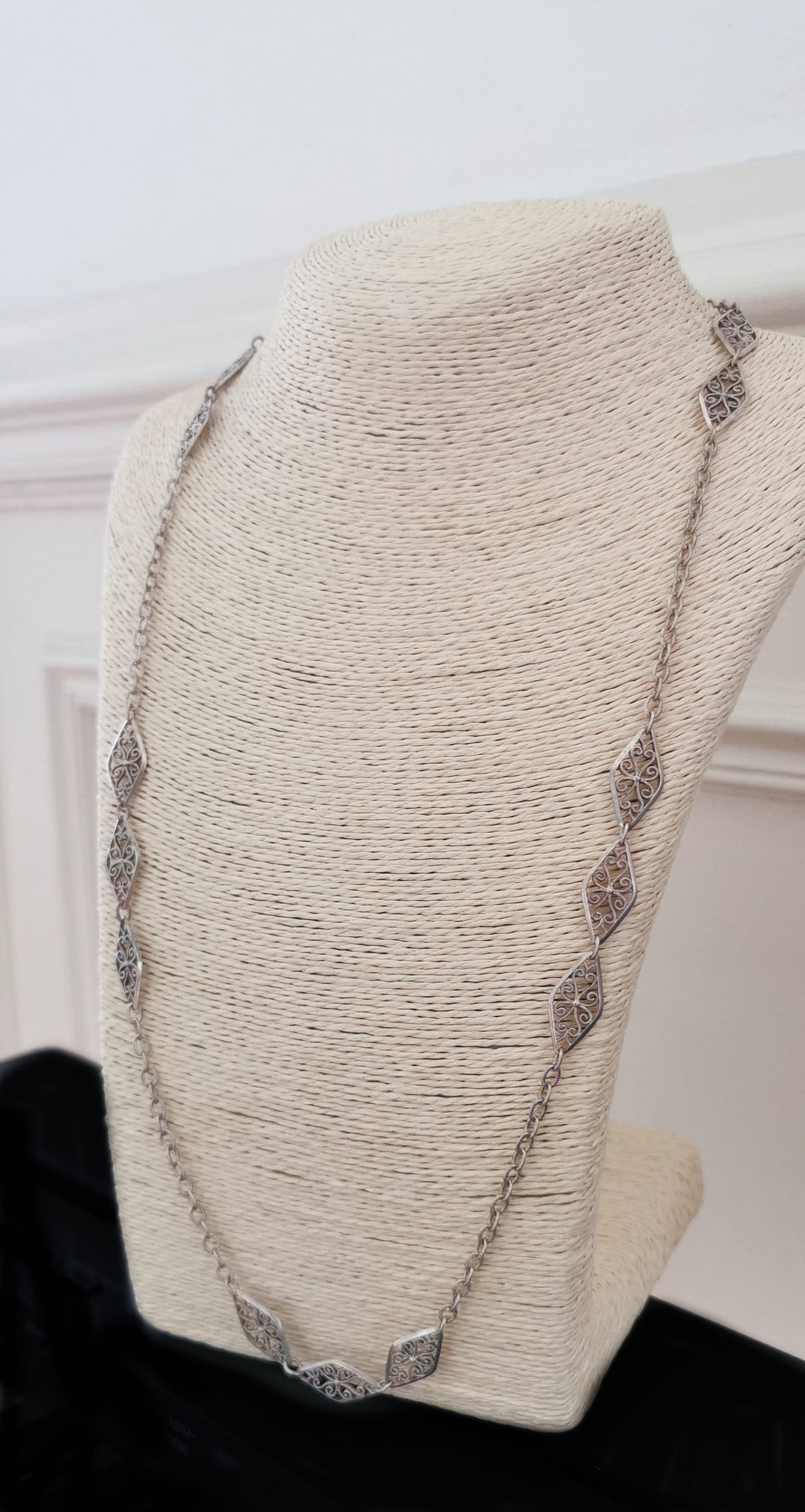 Victorian Antique Silver Big Filigree Necklace  French Half Guard Chain Antique French Necklace Vintage silver Necklace