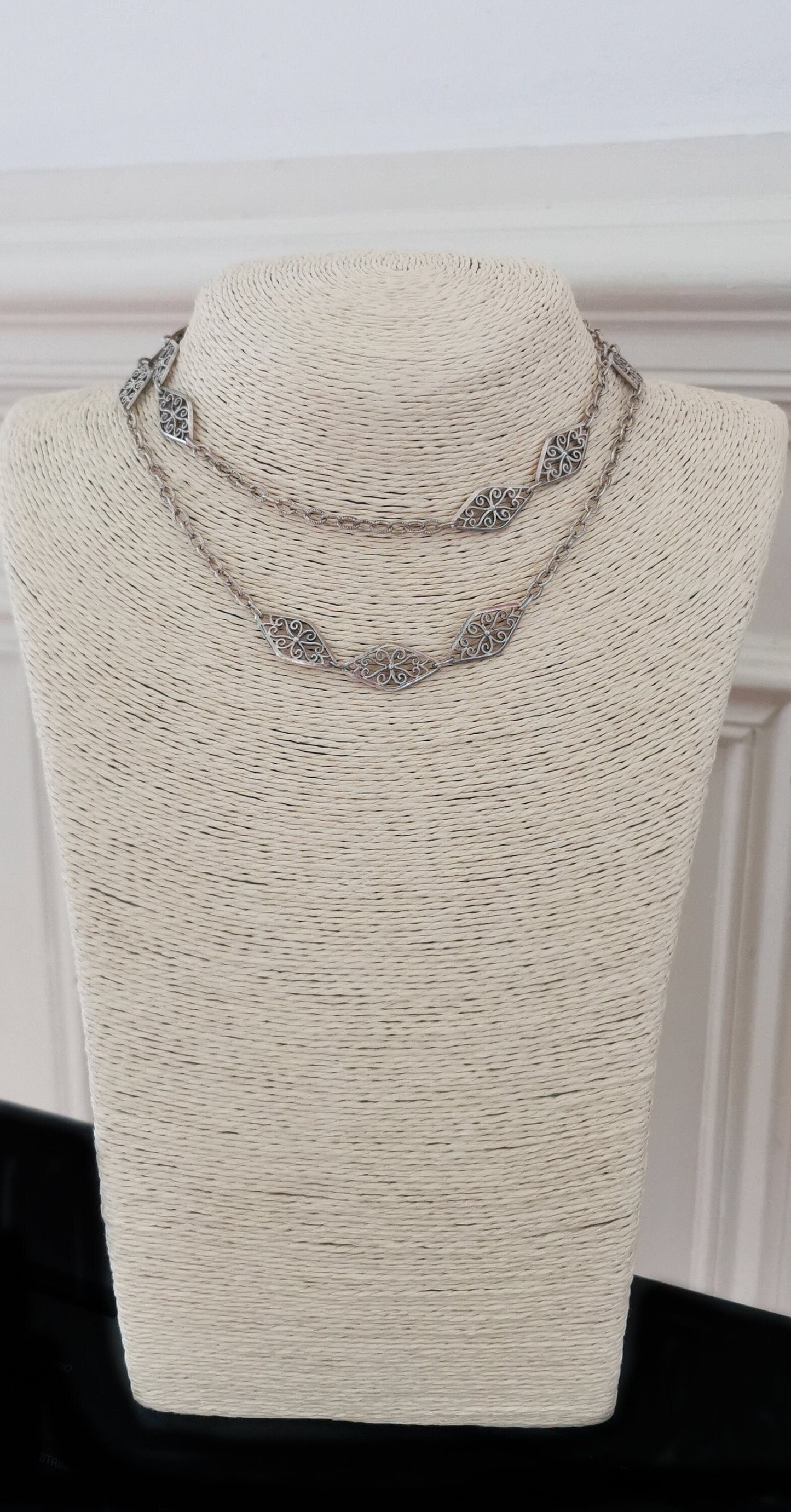 Victorian Antique Silver Big Filigree Necklace  French Half Guard Chain Antique French Necklace Vintage silver Necklace