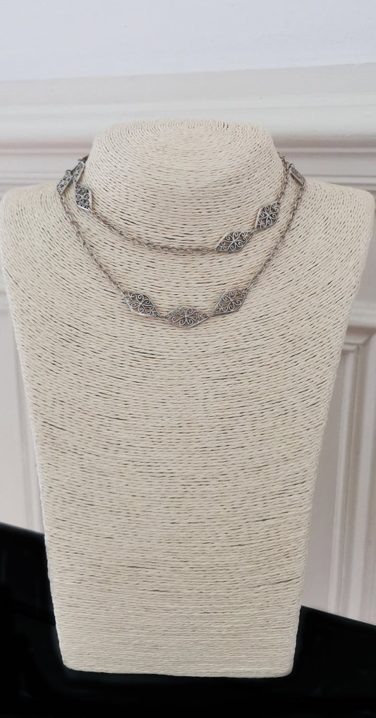 Victorian Antique Silver Big Filigree Necklace  French Half Guard Chain Antique French Necklace Vintage silver Necklace