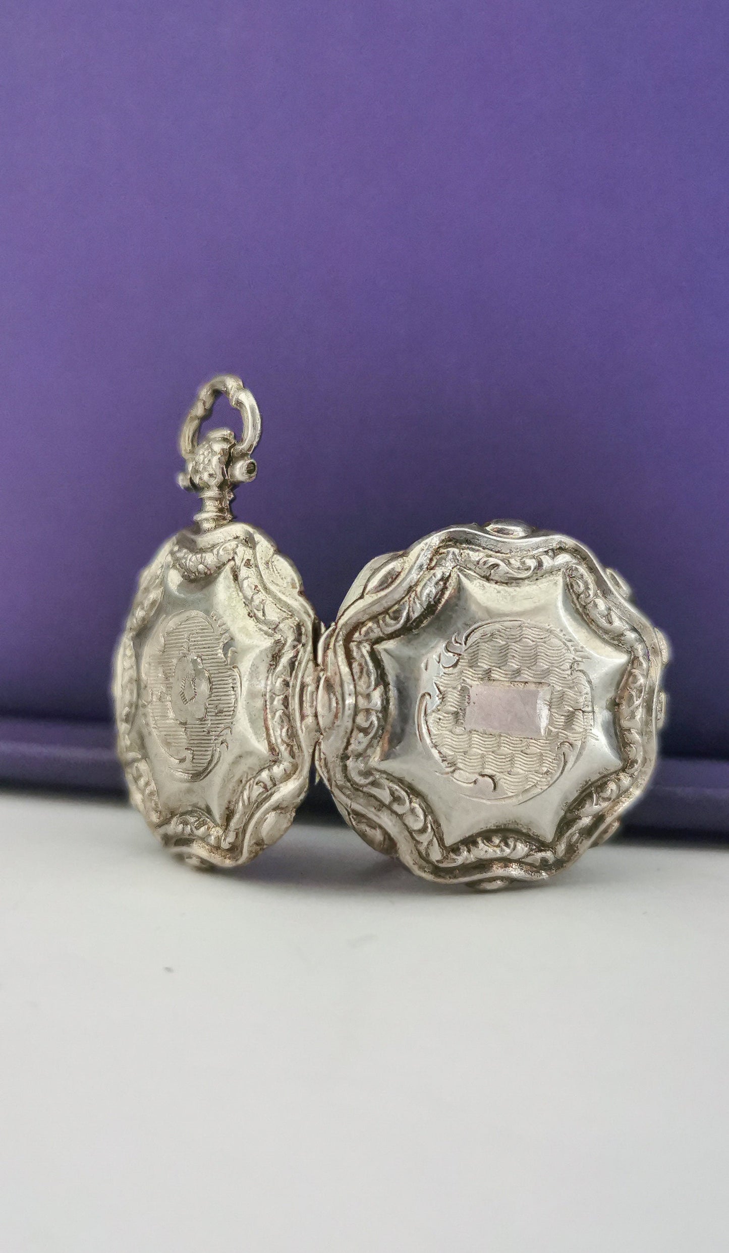 Art Nouveau Guilloche Locket Glass partition Antique French locket c. 1900 Silver Floral Locket Antique locket Vintage pendant gift for her